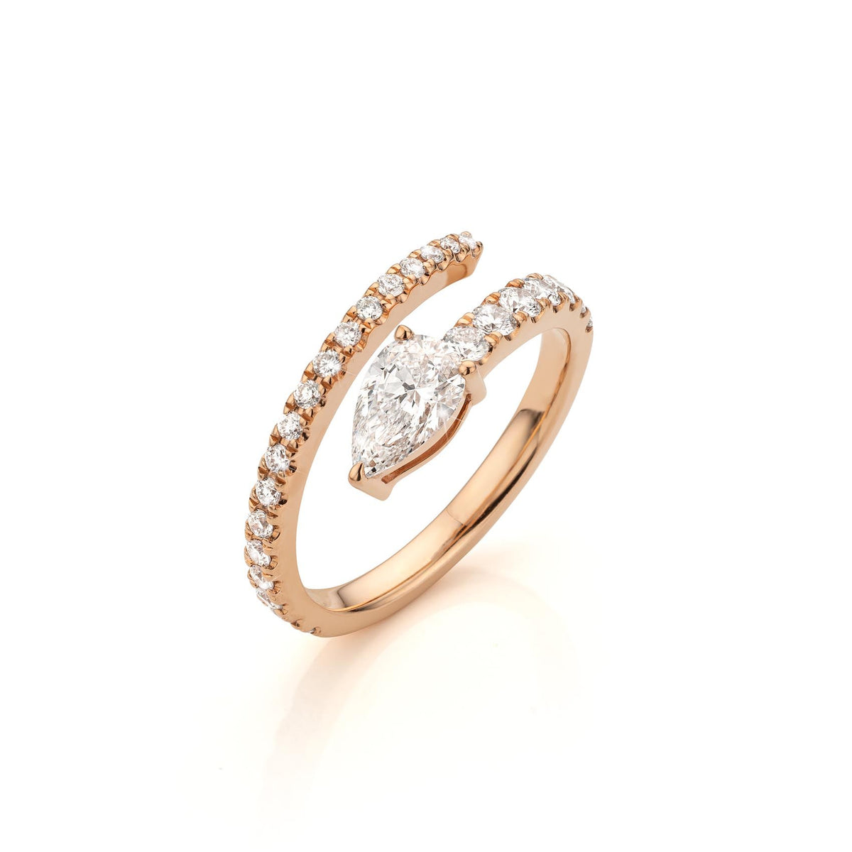 Orla pear diamond ring in rose gold, angled view