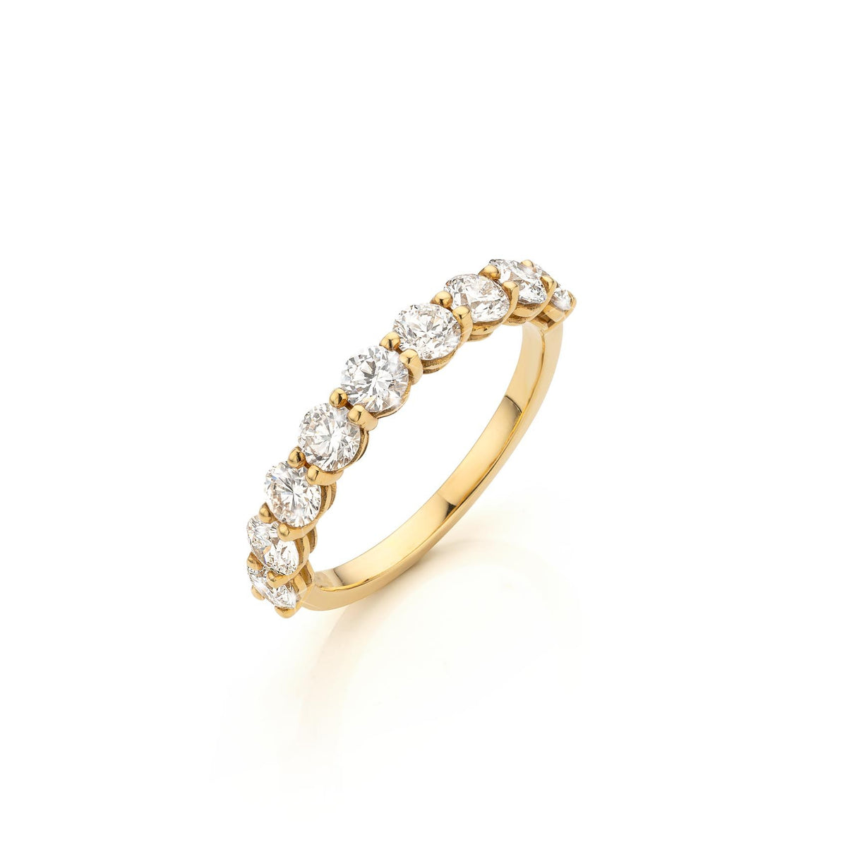 Riva diamond band in yellow gold, angled view